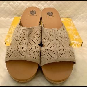Yellow Box Cork wedge tan open toe slide sandal